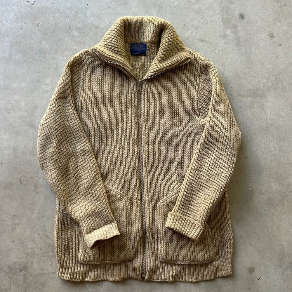 Vintage Pendleton Shetland Wool Full Zip Cardigan Sweater Tan XL USA Made